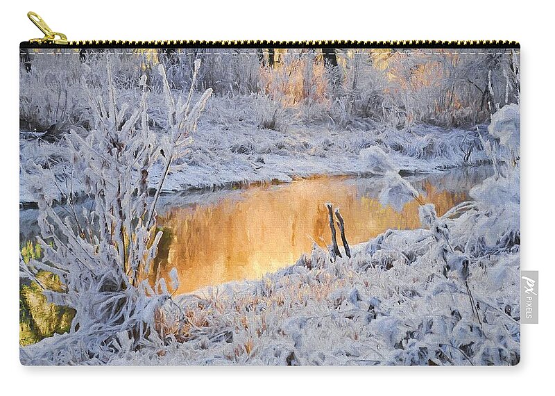 Landscape Zip Pouch featuring the digital art Snowy Sunset by Charmaine Zoe