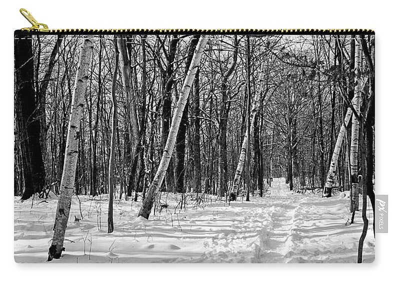 Woods Zip Pouch featuring the photograph Snowy Trail 3 BW by Mary Bedy