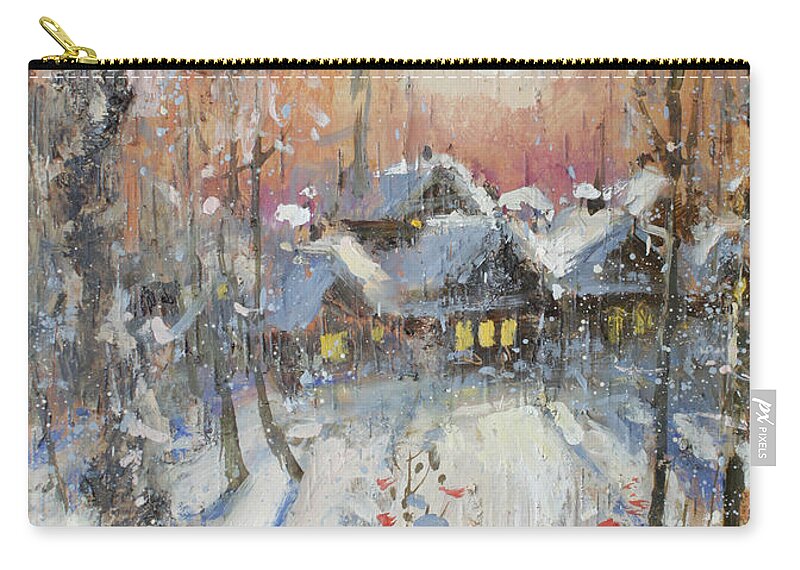 Russia Zip Pouch featuring the painting Snowy Village by Ilya Kondrashov