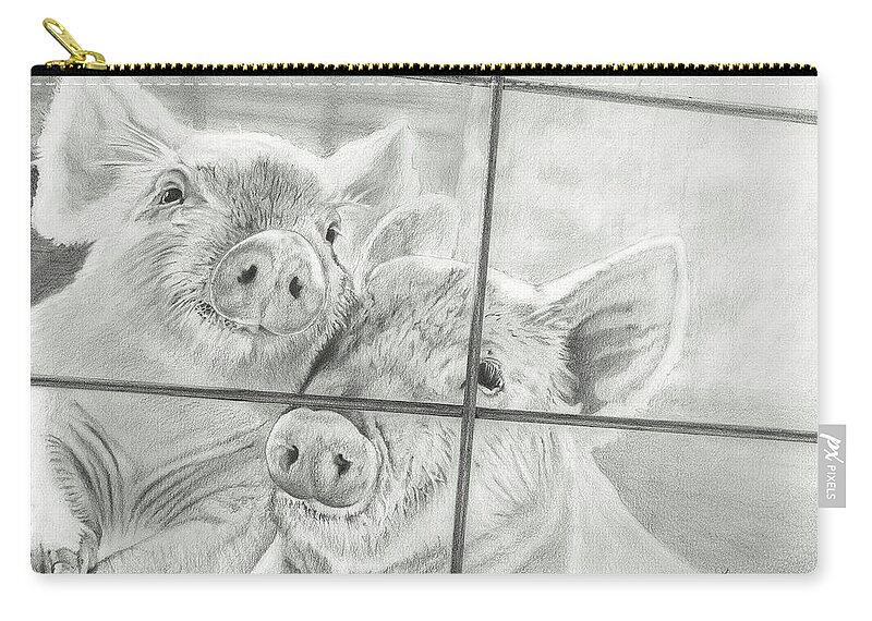 Pig Zip Pouch featuring the drawing Snuggling Pigs by Don Scott