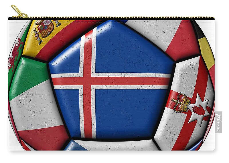 Europe Zip Pouch featuring the digital art Soccer ball with flag of Iceland in the center by Michal Boubin
