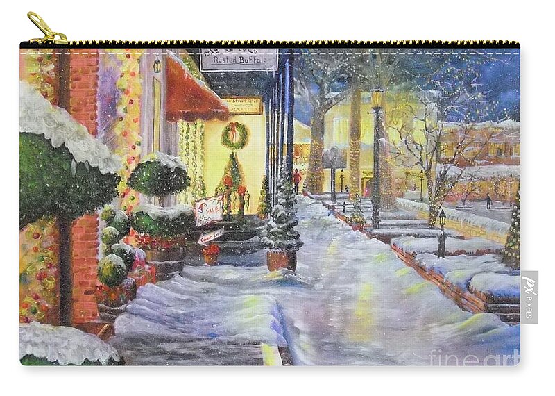 Christmas Zip Pouch featuring the painting Soft Snowfall in Dahlonega Georgia an Old Fashioned Christmas by Nicole Angell
