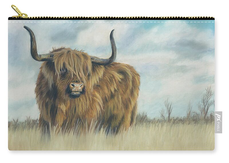 Highland Cow Zip Pouch featuring the pastel Solitary by Kirsty Rebecca