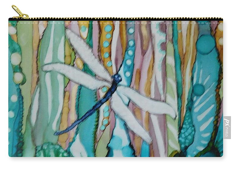 Magical Garden Setting With Vibrant Dragon Fly In A Field Of Green Zip Pouch featuring the painting Solo Dragon Fly by Joan Clear