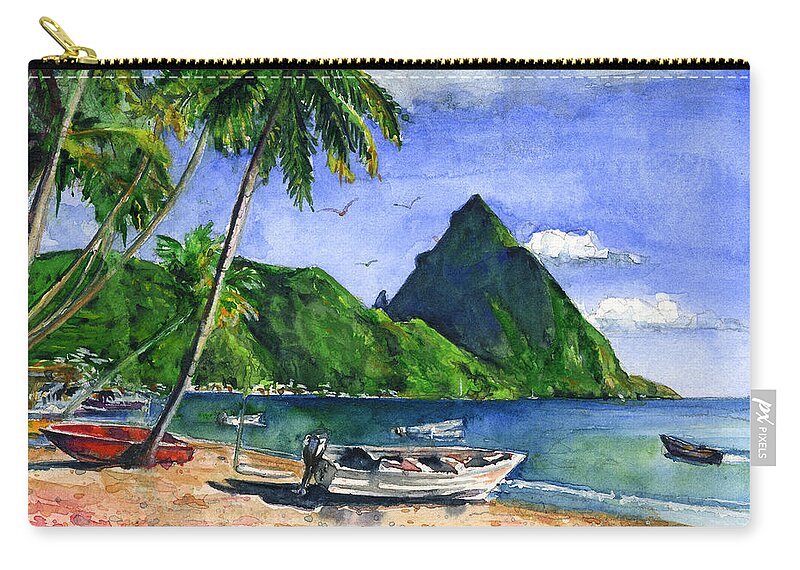 Caribbean Zip Pouch featuring the painting Soufriere Saint Lucia by John D Benson