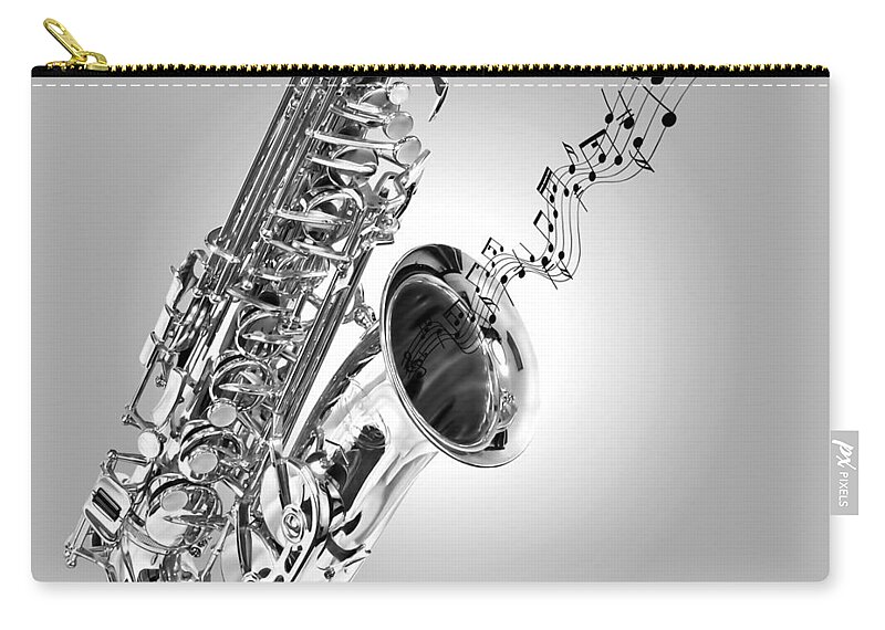 Music Zip Pouch featuring the photograph Sounds of the Sax in Black and White by Gill Billington
