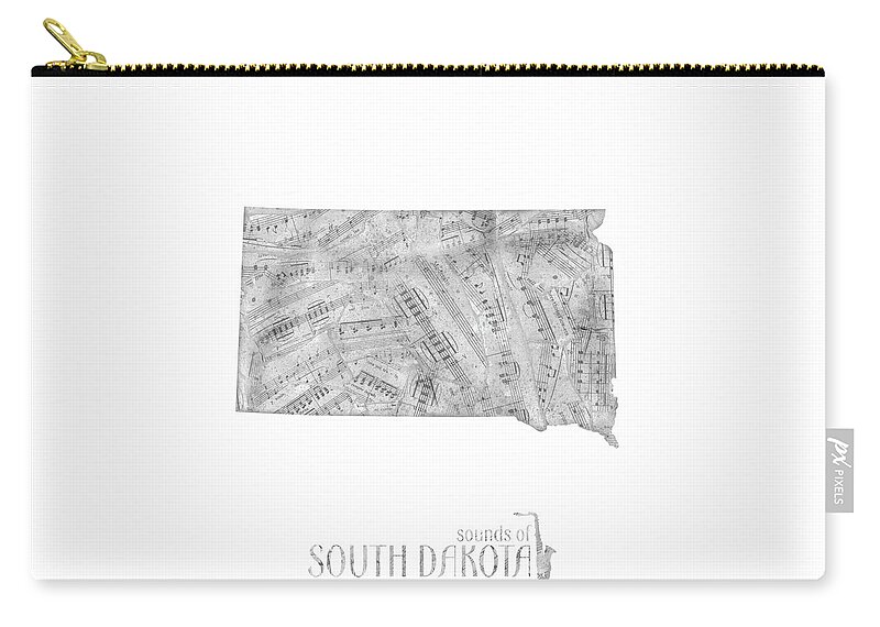 South Dakota Zip Pouch featuring the digital art South Dakota Map Music Notes by Bekim M
