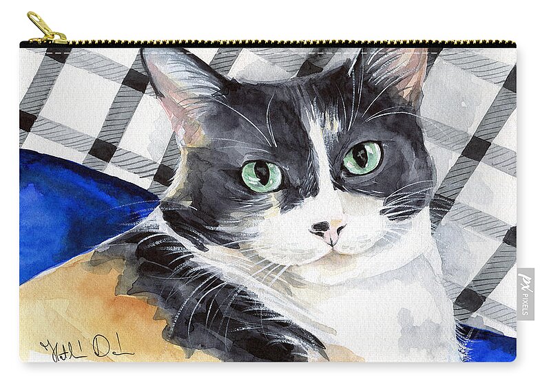 Southpaw Zip Pouch featuring the painting Southpaw - Calico Cat Portrait by Dora Hathazi Mendes