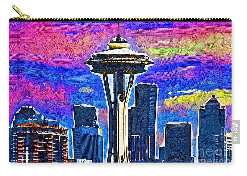 Space Needle Zip Pouch featuring the digital art Space Needle Colorful Sky by Kirt Tisdale