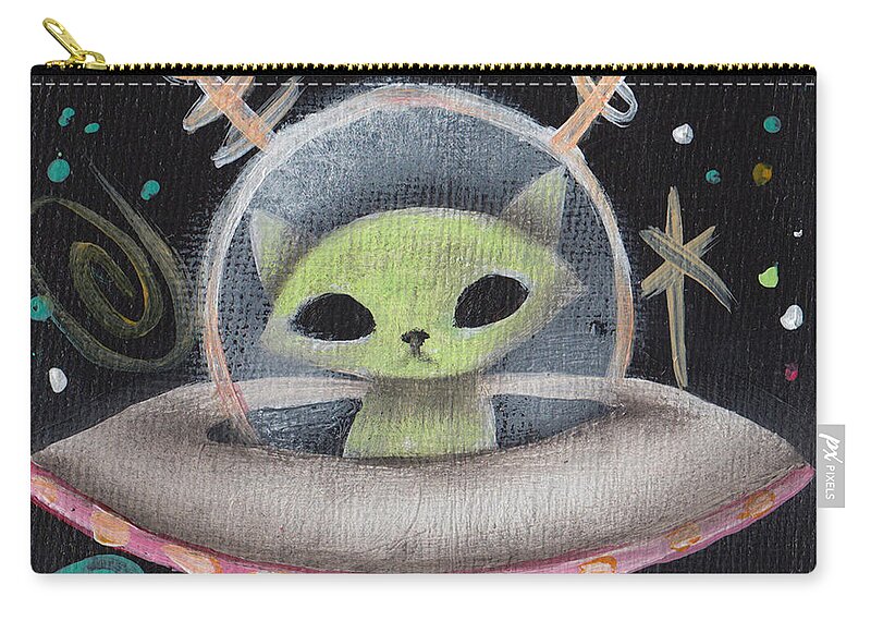 Mid Century Modern Carry-all Pouch featuring the painting Space Ship Green Cat by Abril Andrade