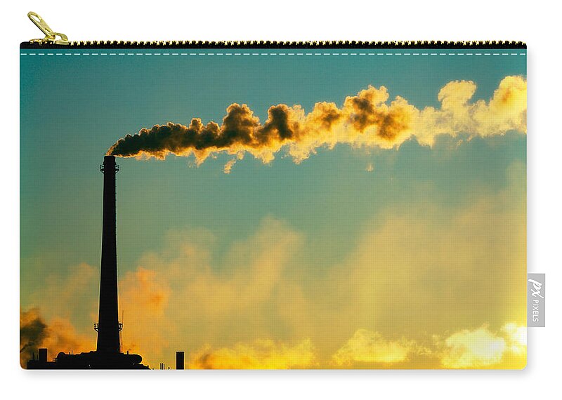 A Silhouette Of An Electrical Plant Spewing Steam At Sunrise. Zip Pouch featuring the photograph Spewing Steam by Todd Klassy