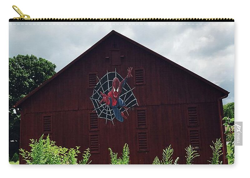 Spider-man Zip Pouch featuring the photograph Spider-Man Turns Farmer by Michael Krek