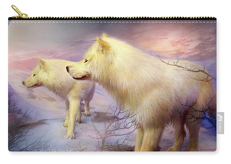 White Wolf Carry-all Pouch featuring the mixed media Spirit Of The White Wolf by Carol Cavalaris