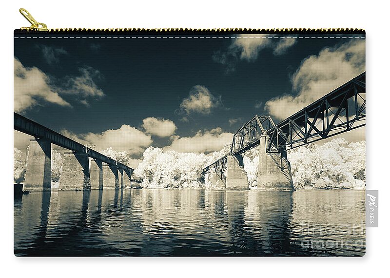 Rr Zip Pouch featuring the photograph Congaree River Trestles Infrared-Split Tone by Charles Hite