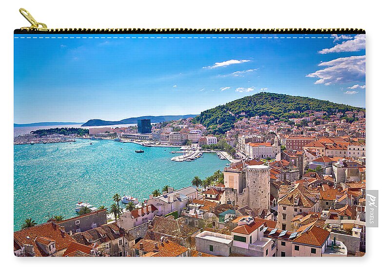 Aerial Zip Pouch featuring the photograph Split waterfront and Marjan hill view by Brch Photography