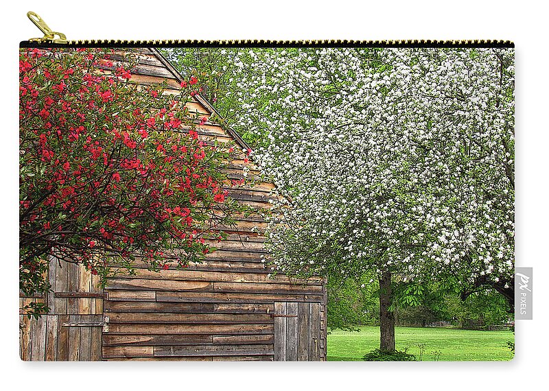 Flowers Zip Pouch featuring the photograph Spring Flowers and the Barn by Nancy De Flon