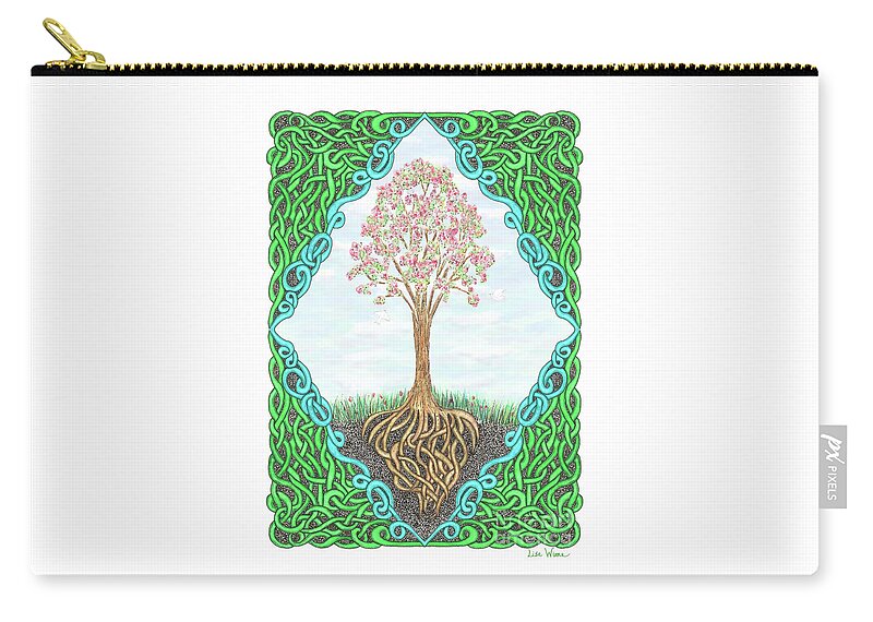 Lise Winne Zip Pouch featuring the drawing Spring Tree with Knotted Roots and Knotted Border by Lise Winne