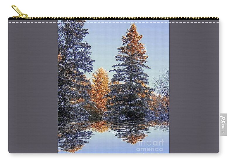 Pine Trees Snow Covered Reflections Winter Sun Dappled Lake Sky Blue Zip Pouch featuring the photograph Sprinkled by Elfriede Fulda