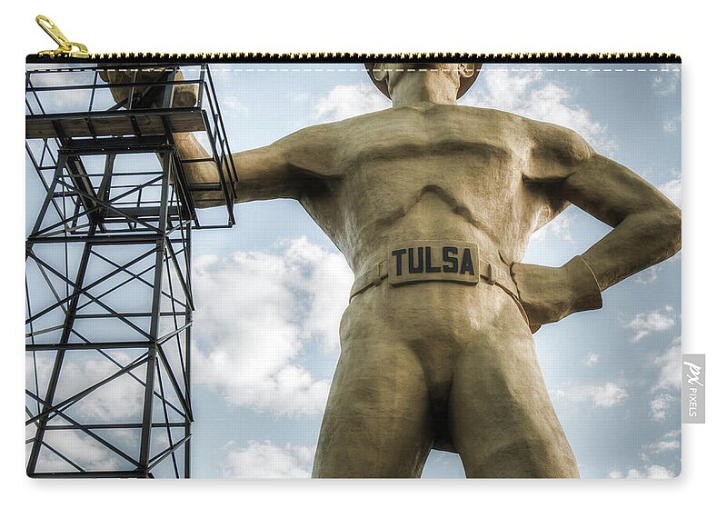 America Zip Pouch featuring the photograph Square Format Tulsa Oklahoma Golden Driller - Vintage by Gregory Ballos