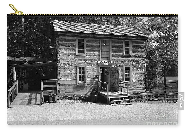 Log Buildings Carry-all Pouch featuring the photograph Squire Boone's Mill black and white by Stacie Siemsen