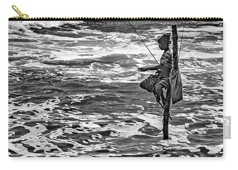 India Zip Pouch featuring the photograph Sri Lanka - Stilt Fisherman 2 bw by Steve Harrington