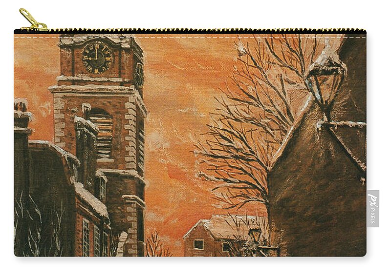 St Johns Church Zip Pouch featuring the painting St Johns Church Christmas Sunrise Wapping London by Mackenzie Moulton