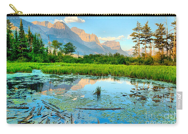 St Mary Lake Zip Pouch featuring the photograph St Mary Peak Hazy Reflections by Adam Jewell