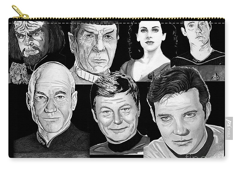 Star Zip Pouch featuring the drawing Star Trek Crew by Bill Richards