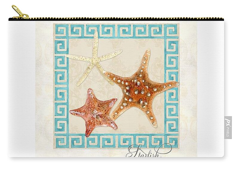 White Finger Starfish Carry-all Pouch featuring the painting Starfish Greek Key Pattern w Swirls by Audrey Jeanne Roberts