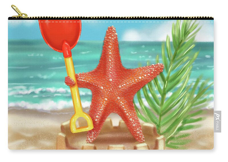 Starfish Zip Pouch featuring the mixed media Starfish makes a Sandcastle by Shari Warren