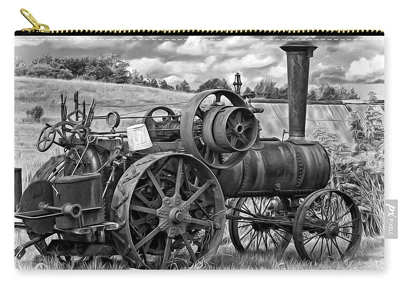 Farm Zip Pouch featuring the photograph Steam Powered Tractor - Paint bw by Steve Harrington