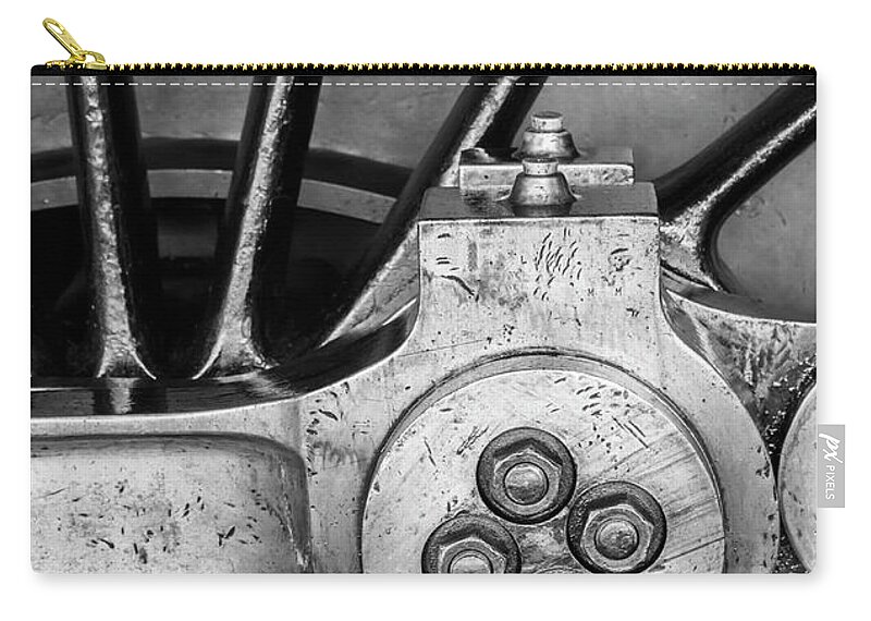 Vintage Carry-all Pouch featuring the photograph Steam Engine Wheel BW by Rick Deacon