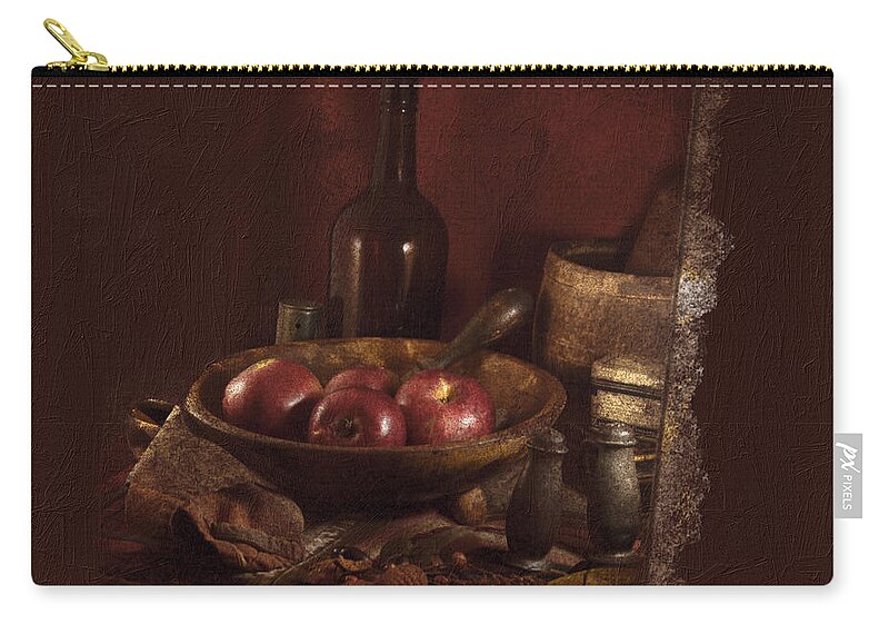 Still Life With With Apples Zip Pouch featuring the photograph Still life with apples, bottles, baskets and shakers. by Michele A Loftus