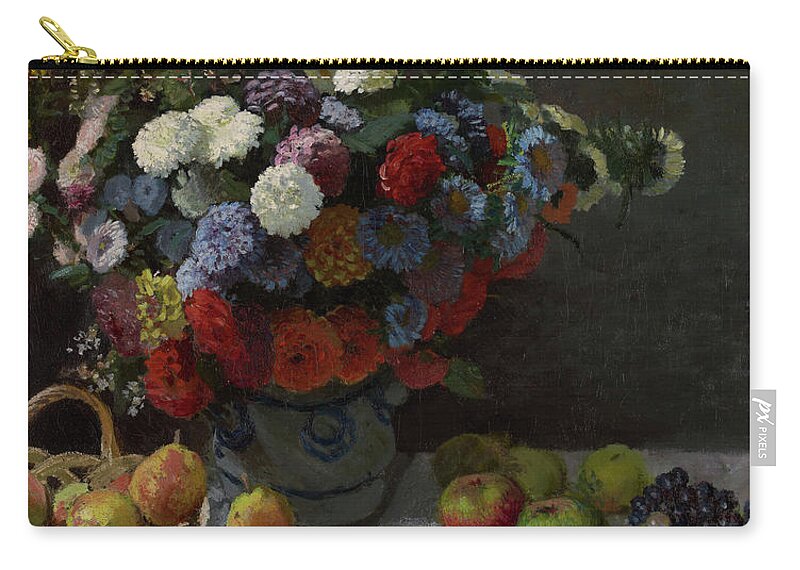 Famous Zip Pouch featuring the painting Still Life with Flowers and Fruit by Claude Monet by Esoterica Art Agency