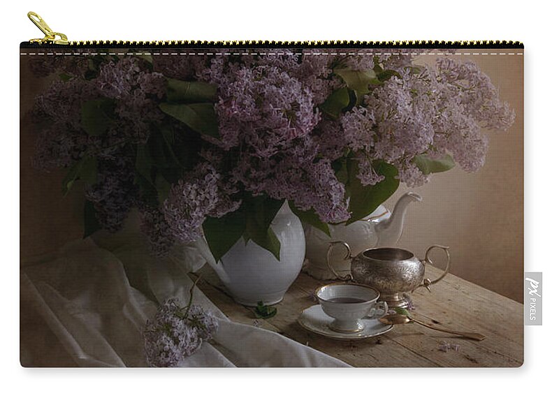 Still Life Zip Pouch featuring the photograph Still life with fresh lilac and dishes by Jaroslaw Blaminsky