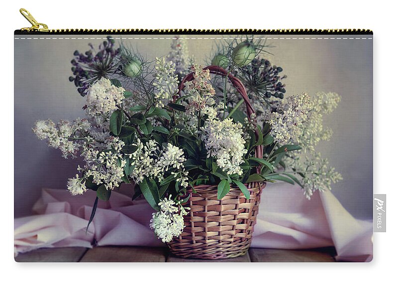 Flowers Zip Pouch featuring the photograph Still life with fresh privet flowers in the basket by Jaroslaw Blaminsky
