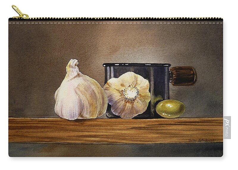 Garlic Zip Pouch featuring the painting Still Life With Garlic and Olive by Irina Sztukowski