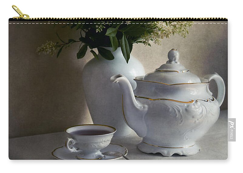 Still Life Carry-all Pouch featuring the photograph Still life with white tea set and bouquet of white flowers by Jaroslaw Blaminsky