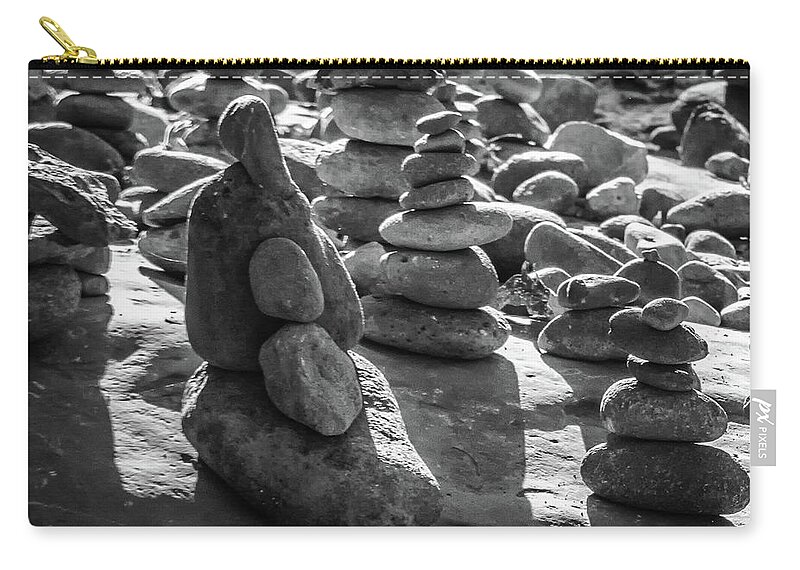 Stones Zip Pouch featuring the photograph Stone Cairns 7791-101717-2cr-bw by Tam Ryan