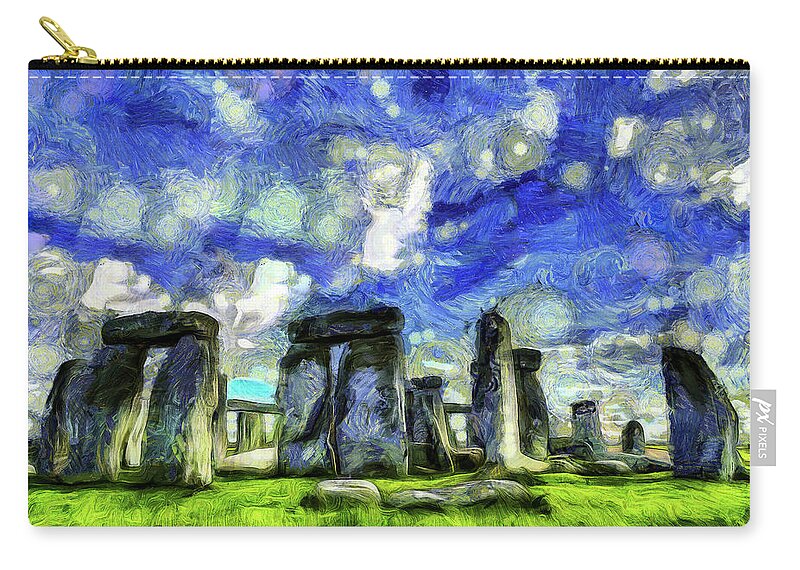 Impressionist Stonehenge Zip Pouch featuring the mixed media Stonehenge Vincent Van Gogh by David Pyatt