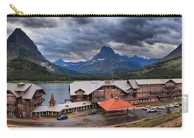 Many Glacier Lodge Panorama Zip Pouch featuring the photograph Storms Over Paradise by Adam Jewell