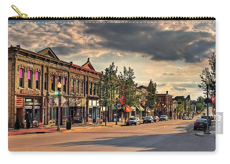 Stoughton Wi Wisconson Downtown Nostalgic Main Street Architecture Midwest Zip Pouch featuring the photograph Stoughton WI - Downtown Americana by Peter Herman