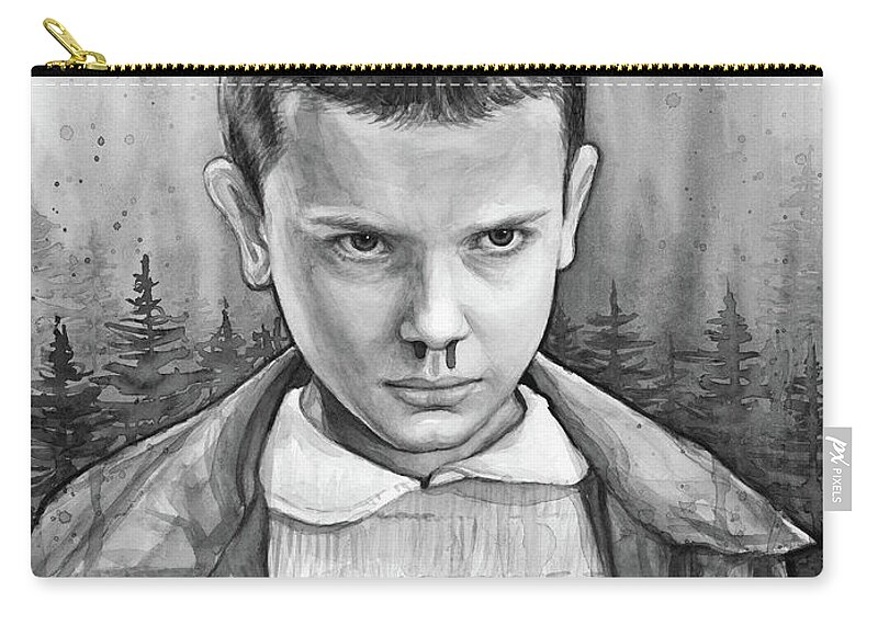 Stranger Things Zip Pouch featuring the painting Stranger Things Fan Art Eleven by Olga Shvartsur
