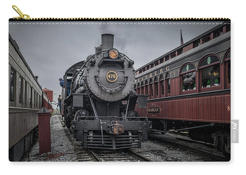Strasburg Railroad Zip Pouch featuring the photograph Strasburg Railroad engine 475 backs through station at Strasburg PA by Jim Pearson