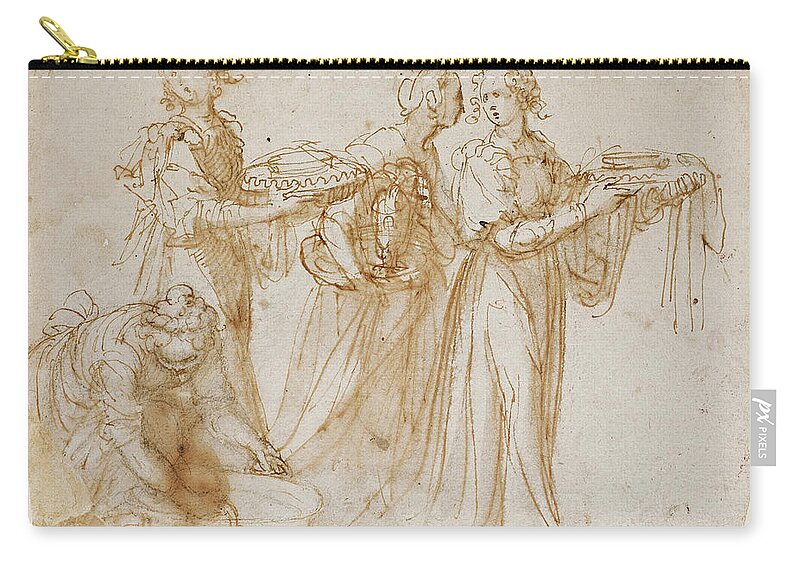 Guglielmo Caccia Zip Pouch featuring the drawing Studies of Four Women carrying Vessels at the Scene of a Birth by Guglielmo Caccia