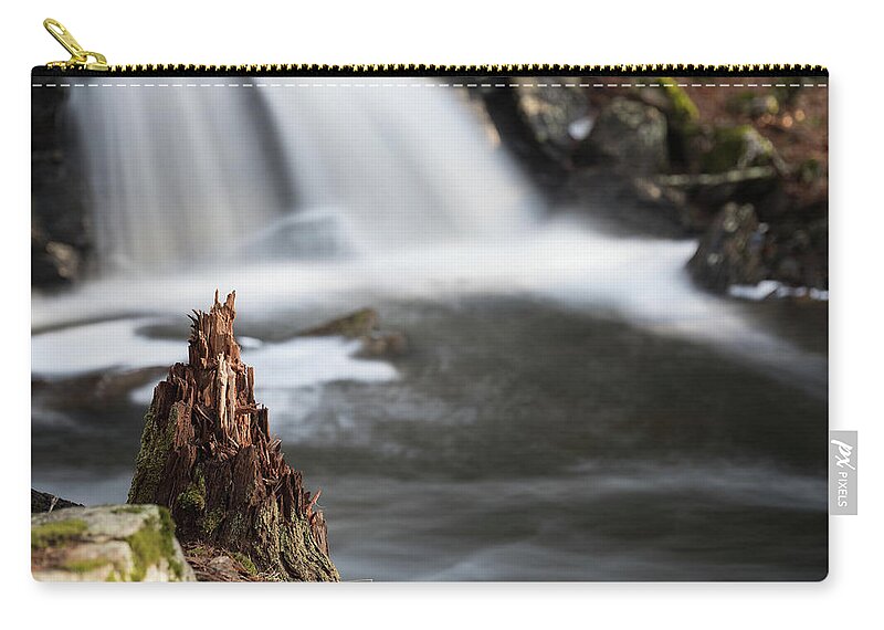 Secret Waterfall Waterfalls Stump Tree Broken Bokeh Outside Outdoors Nature Natural Ma Mass Massachusetts Rutland Long Exposure Brian Hale Brianhalephoto Newengland New England Woods Secluded Zip Pouch featuring the photograph Stumped at The Secret Waterfall by Brian Hale