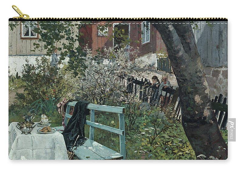Frits Thaulow Zip Pouch featuring the painting Summer day in the garden by O Vaering