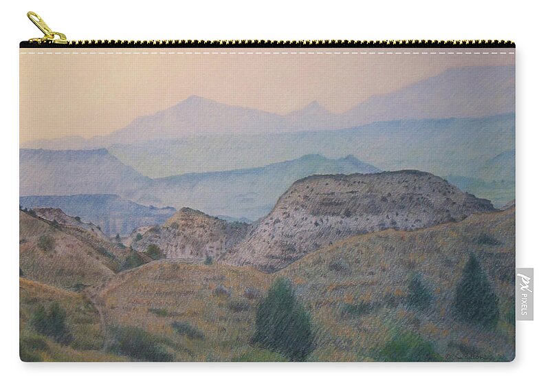 North Dakota Zip Pouch featuring the drawing Summer in the Badlands by Cris Fulton