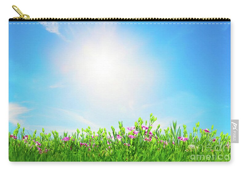 Grass Zip Pouch featuring the photograph Summer meadow flowers in green grass, sunny blue sky by Michal Bednarek