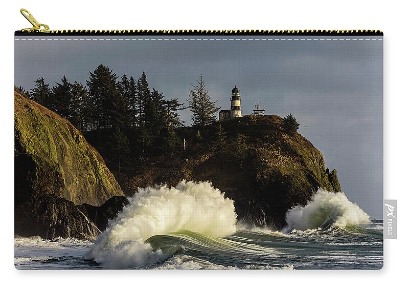 Cape Disappointment Zip Pouch featuring the photograph Sun and Surf With Lighthouse by Robert Potts
